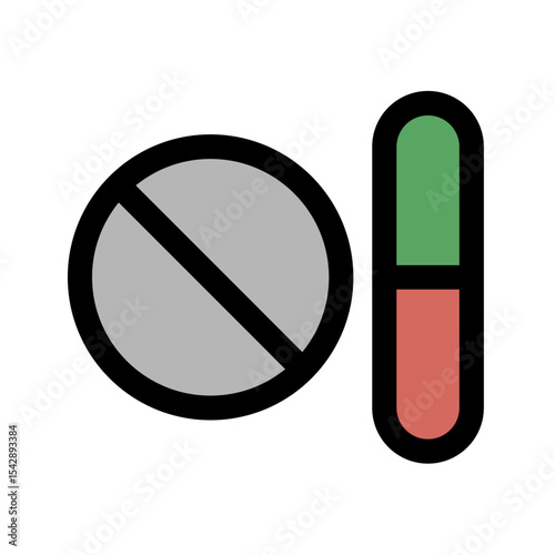 Flat icon of capsule and pill. This icon is ideal for use in healthcare apps, pharmacy websites, medical infographics, and drug-related educational materials.