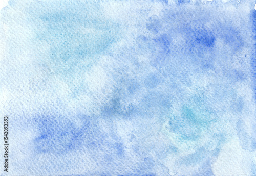 Watercolor abstract background. Different shades of blue, white color. Texture of watercolor paper is visible. Chaotic spots. In the upper right corner, there are more saturated, dark colors.
