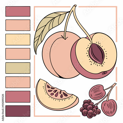 Vibrant fruit illustration with color swatches and design elements