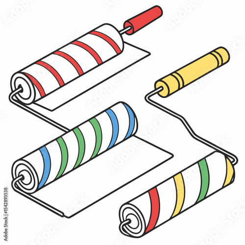 Colorful paint rollers with striped patterns on a light background