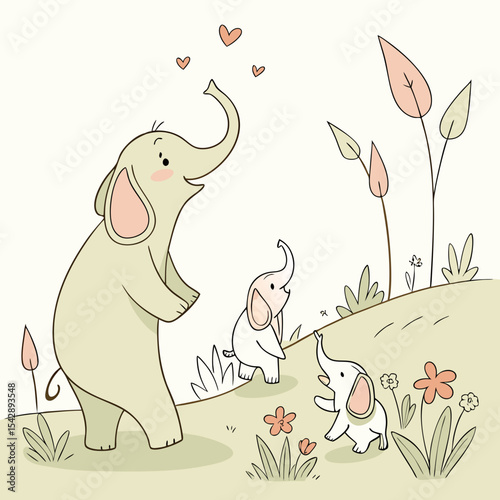Adorable elephants expressing love surrounded by flowers and hearts