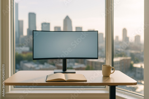Minimalist Standing Desk with Ultrawide Monitor and Steaming Mug Overlooking Downtown Skyline.