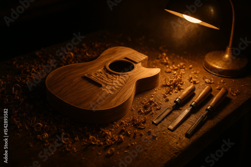 Half-Carved Walnut Guitar Body with Shavings and Chisels in Warm Workshop Light