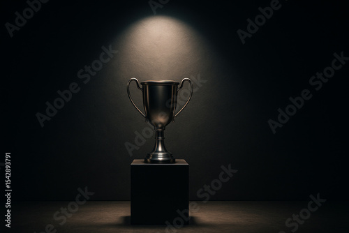 Polished Metal Trophy Under Spotlight on Pedestal Against Dark Background.