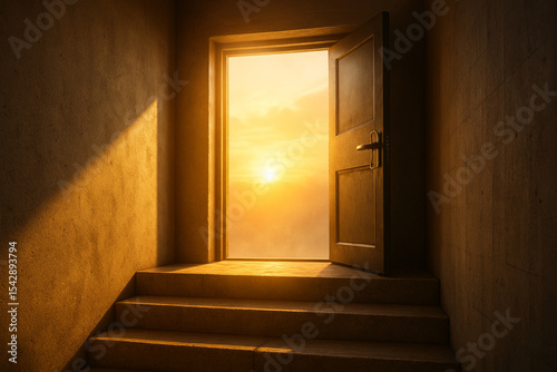 Open Steel Door at Top of Concrete Steps with Sunrise Light and Long Shadows.