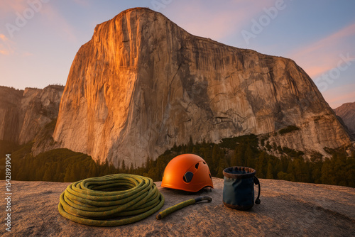 Climbing Gear Set on Granite Base Below Cliff Face in Sunrise Alpenglow.