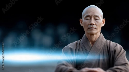 A peaceful monk meditating with joy, illustrated with empty space for text. The act of meditation and inner peace.