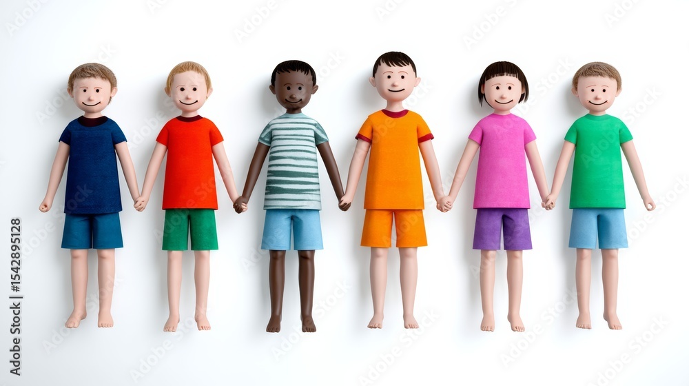 Obraz premium Group of children are holding hands in a row. The children are of different races and colors, including black, white, and brown. Concept of unity and togetherness among the children