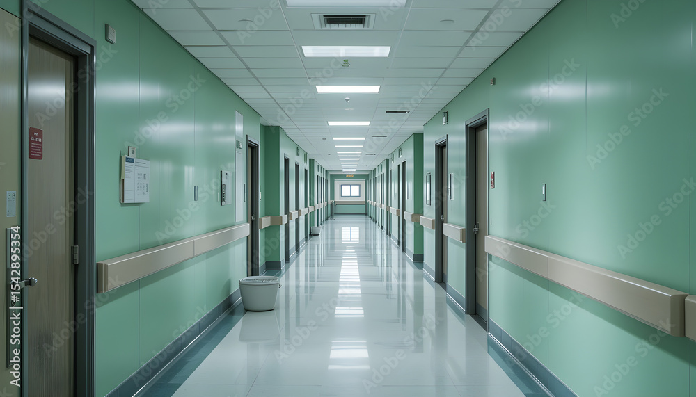 Fototapeta premium Spacious hallway with green walls in hospital