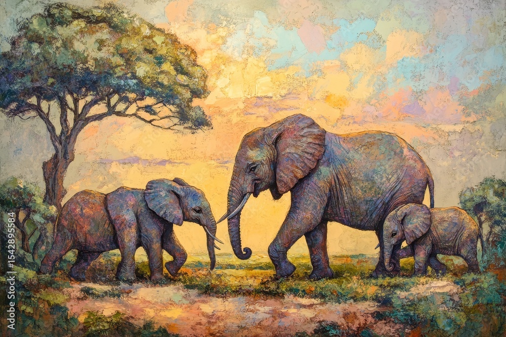 Fototapeta premium Elephant family strolls through the savannah enjoying a peaceful moment together, An elephant family walks and eats in the savannah