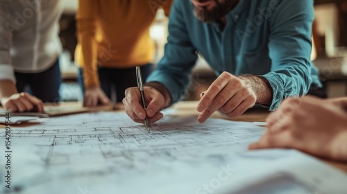 Team Reviewing Architectural Plans at Table Pointing with Pen