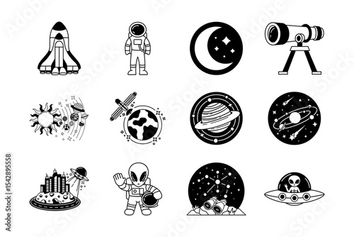 black and white illustration of spaceship alien in the galaxy collection