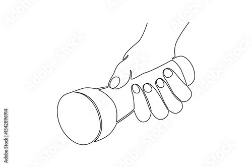 Continuous one line drawing of Hand holding a flashlight. Single line drawing illustration of Hand with Flashlight. Flashlight searching in darkness concept vector art. Doodle line illustration.