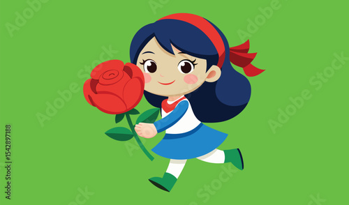 Cute girl running with a red rose