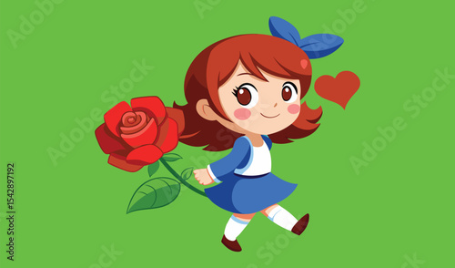 Cute girl walking with a red rose and heart