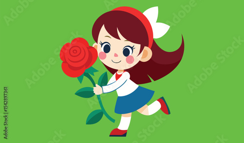 Happy girl running with a red rose