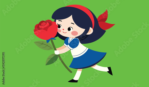 Cute girl in blue dress holding a large red rose