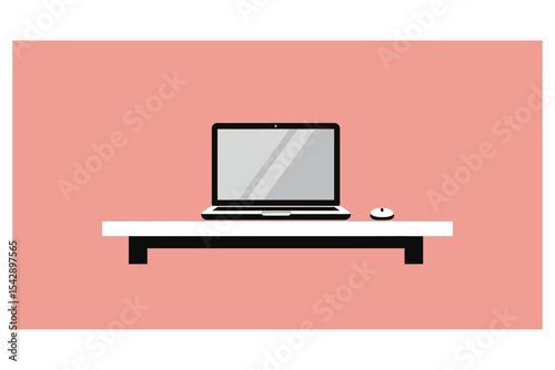 Laptop Computer on Desk with Mouse Simple Flat Design