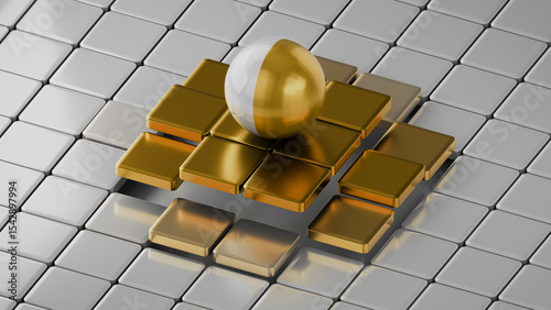 Gold and Silver Sphere Rolling on Geometric Tiles in Futuristic