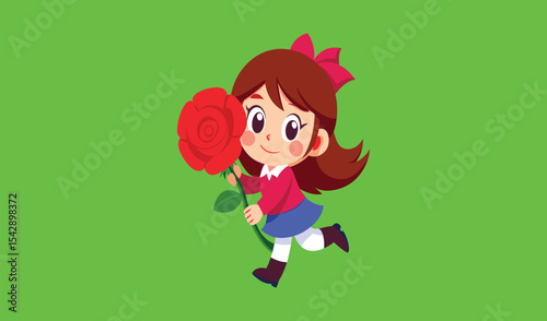 Happy girl running with a large red rose