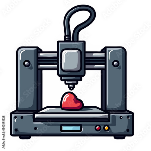 A stylized illustration of a 3D printer creating a heart, symbol of love and technology