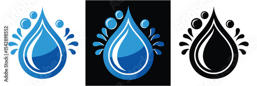 Water Drop Icon Set with Bubbles and Splashes in Three Variations