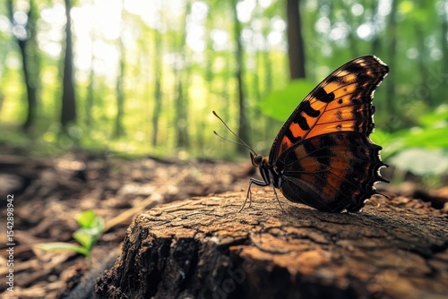 Large tortoiseshell butterfly resting on a tree stump in a vibrant forest setting, Butterfly Large tortoiseshell Nymphalis polychloros in the wild