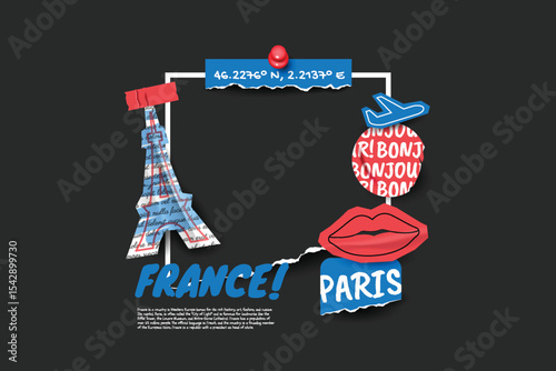 France travel frame collage photos with scrapbook torn paper style.