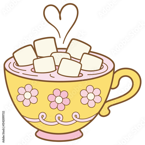 Groovy Hot Chocolate with marshmello Winter Illustration Retro Vibe