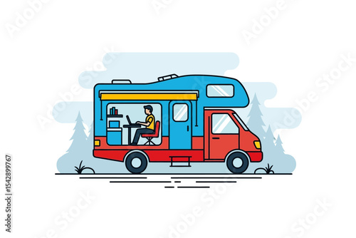 Working from RV Illustration with Trees in Background