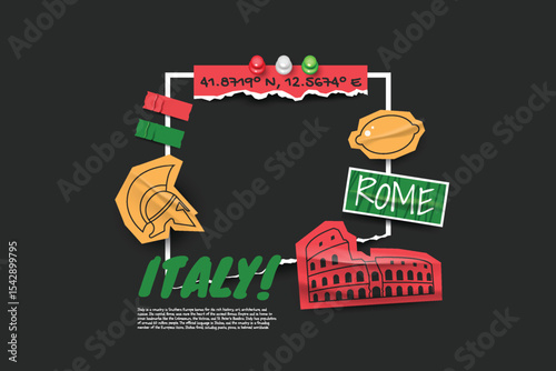 Italy travel frame collage photos with scrapbook torn paper style.
