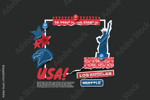 USA travel frame collage photos with scrapbook torn paper style.