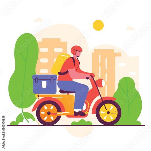 Urban Courier on Motorcycle Delivering Package in Cityscape
