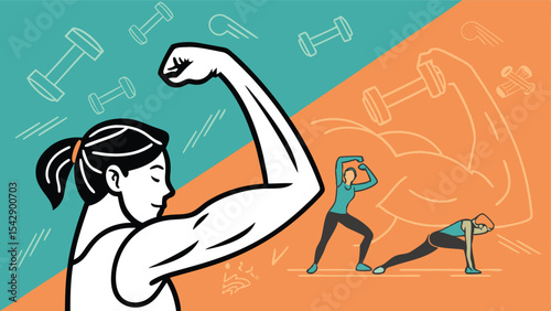 Illustration of a woman flexing her arm with dumbbells and exercise poses in the background design