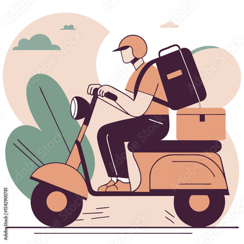 Flat Vector of Food Delivery Man Riding Scooter with Backpack
