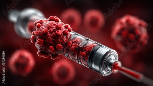 Vaccine syringe with virus cells on dark red background concept