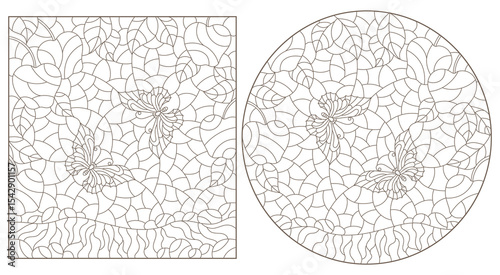 A set of contour illustrations in the style of stained glass with apple branches and butterflies on a meadow background dark outlines on a white background