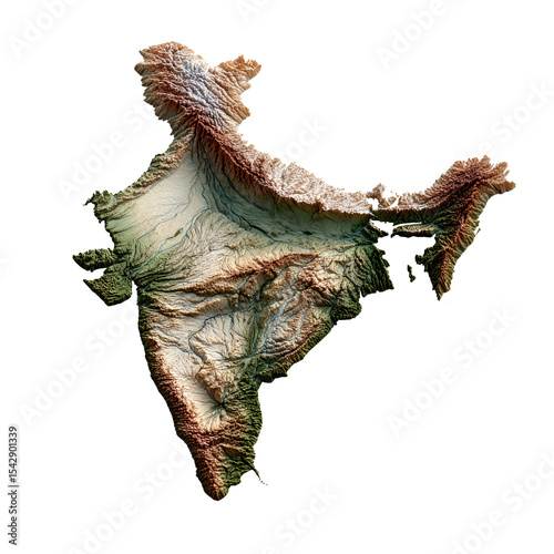 3D Terrain Map of India Showing Mountains Rivers and Plains,