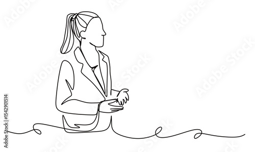 continuous one line art of a female office worker with tied hair discussing work