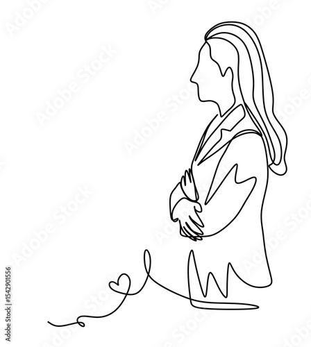 continuous one line art of a female office worker with loose hair standing with her arms folded