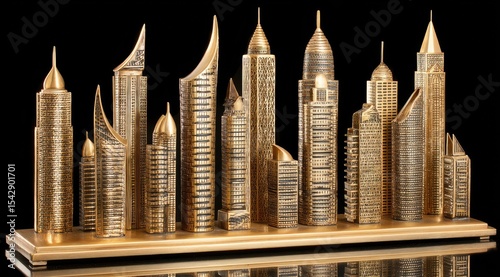 Golden Metropolis Miniature Elegant Cityscape Against Black Backdrop