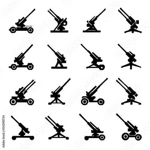 Silhouetted Artillery Icons: Various Designs of Cannons and Howitzers in Different Configurations.