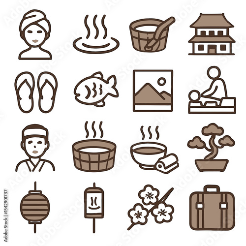 Japanese Onsen Spa Icon Set: Relaxation and Tradition