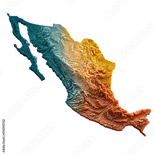 3D Mexico Map Topography Relief Artistic Render,
