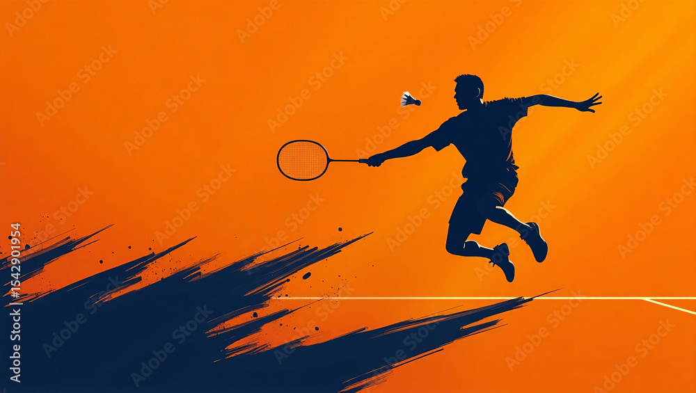 Fototapeta premium Badminton Silhouette Smash on Orange and Indigo Background – Intense Sports Art