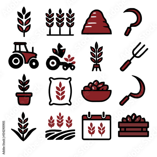 Agricultural Iconography: Wheat, Tools, and Harvest Elements in Bold Outline