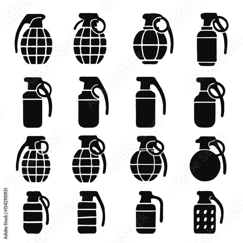 Black silhouette collection of hand grenades with varying shapes and details