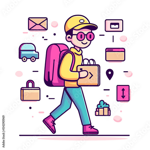 Cartoon Courier with Pink Backpack Delivers Package Amidst Delivery Icons