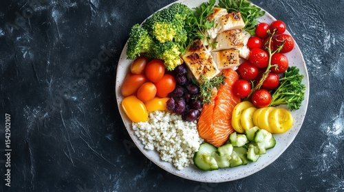 Balanced nutrition concept featuring a plate with fish, chicken, and vibrant vegetables