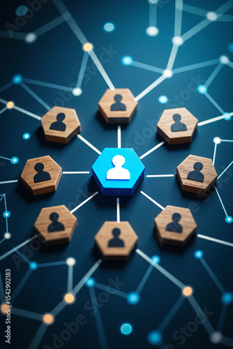Flatlay showing network structure with central blue hexagon icon representing leader surrounded by wooden business icons, symbolizing teamwork, communication, and employee organization mapping